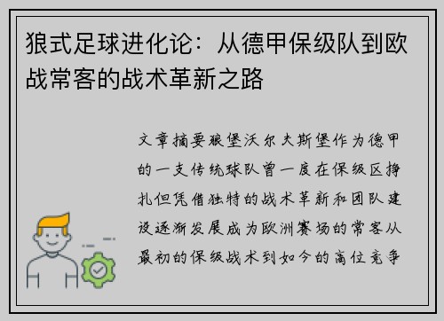 狼式足球进化论：从德甲保级队到欧战常客的战术革新之路