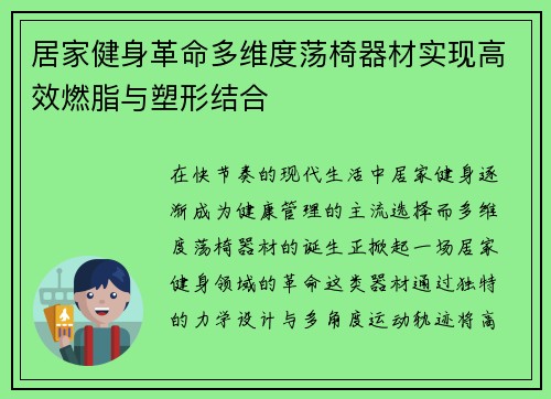 居家健身革命多维度荡椅器材实现高效燃脂与塑形结合